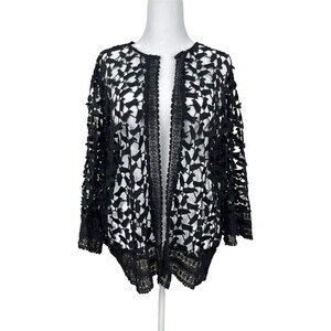 Suzanne Betro Black Crochet Lace Open Front Cardigan 3X Edgy Feminine Sheer